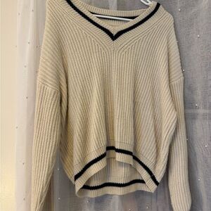 SHEIN Cream V-Neck Sweater with Navy Blue Accents